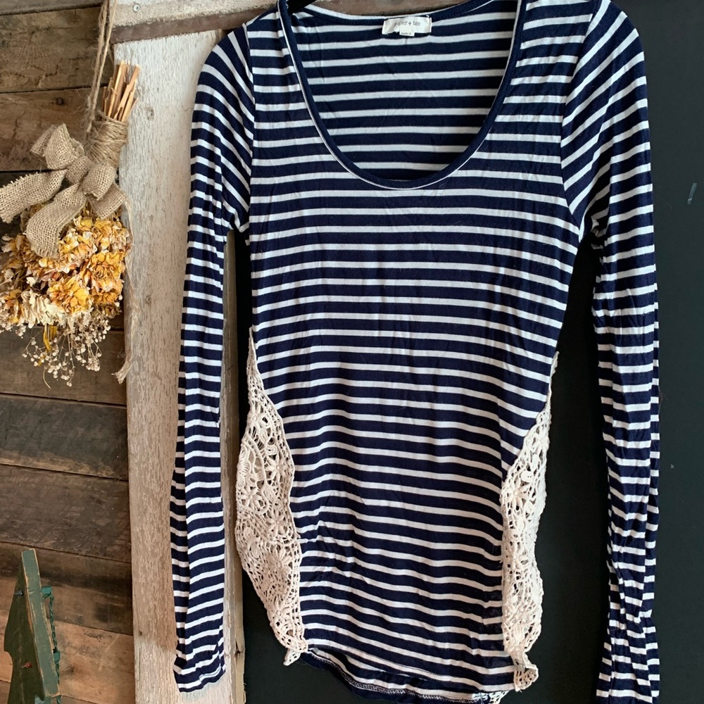 Navy and white striped tissue tee.